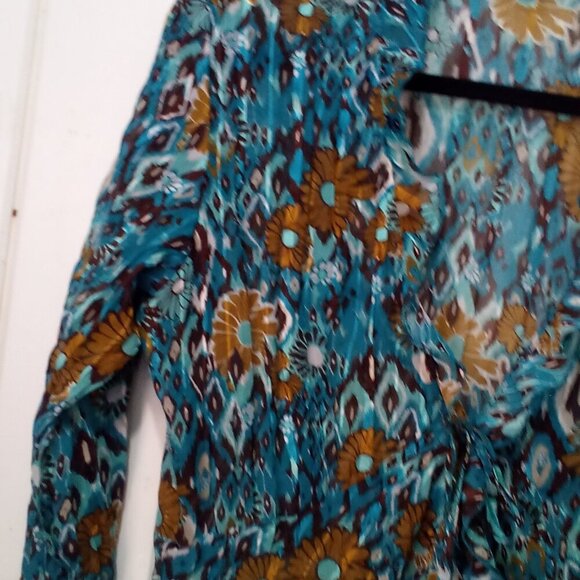 Kim Rogers Blouse Women L 3/4 Sleeve Simi Sheer Ruffle Open Tie Front Teal Brown - Picture 4 of 16